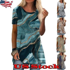 Womens Printed Loose Tunic Tops Summer Ladies Casual T-Shirt Short Sleeve Blouse - Picture 1 of 17