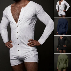 UK Herren Body Langarm All IN One Overall Knopf Muscle Fit Turnanzug Strampler - Bild 1 von 44