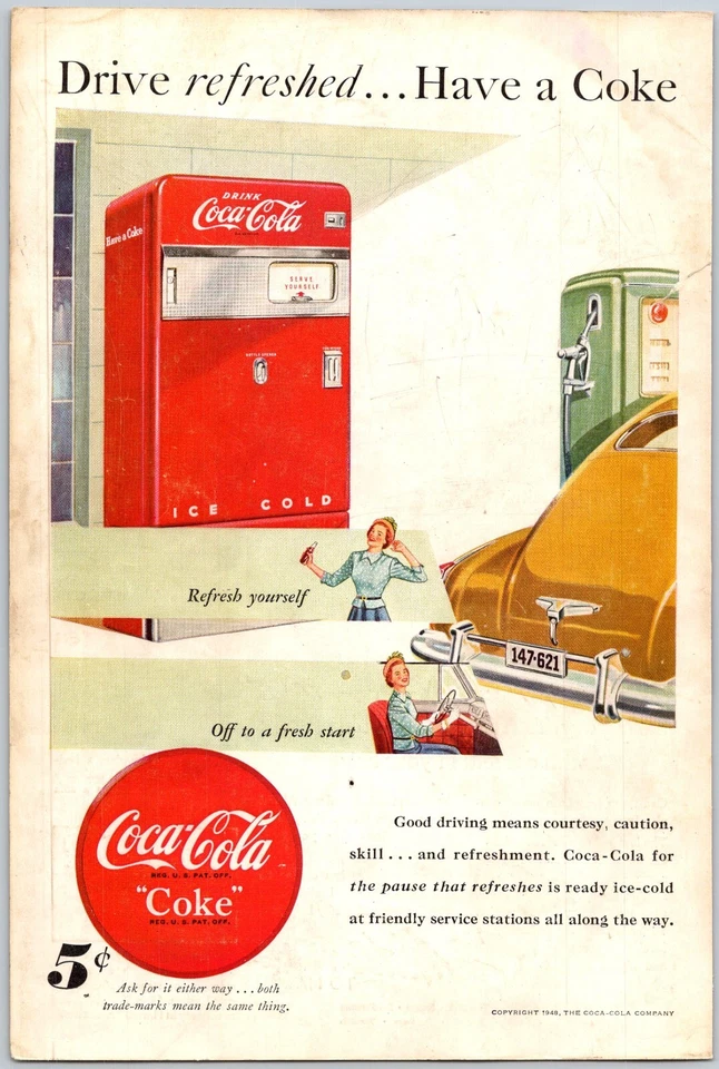 PRINT AD 1948 Coca Cola Coke Fresh Start Service Station Driving 6.75" x 10" - Image 1 of 1