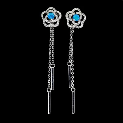 925 Sterling Silver Earrings Round Blue Opal 4mm Natural Gemstone Flower Jewelry - Image 1 of 4