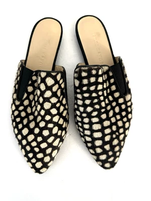 JENNI KAYNE Size 35 Animal Calf Hair Leather Mules Black Beige Made In Italy NEW - Image 1 of 4