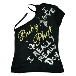 Baby Phat Shirt Womens Medium Asymmetrical Graphic Y2K Gold Silver Black Top - Picture 1 of 7