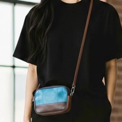 Bolsa tiracolo Sonia Rykiel azul marrom preto selo colorblock logotipo câmera de couro - Imagem 1 de 4