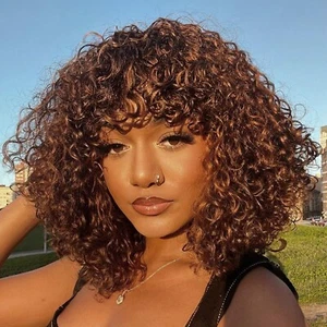 Short Curly Wig with Bangs Human Hair for Women Ombre Brown 10 inch Short Wat... - Picture 1 of 8
