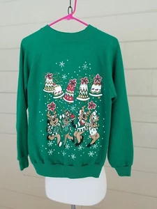 Vintage Ugly Christmas Sweater Green Medium Sweatshirt 90s Puffy Paint Reindeer - Bild 1 von 4