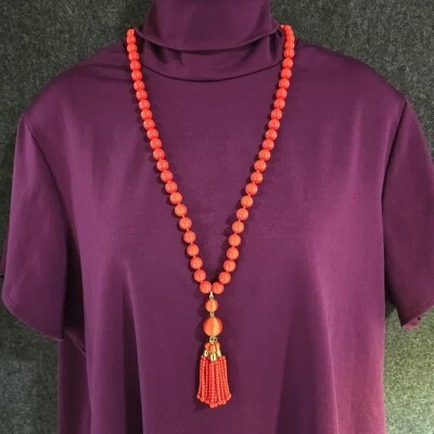 ANN TAYLOR Signed Statement Necklace Orange Beaded with 3 Seed Bead Tassels - Image 1 of 4