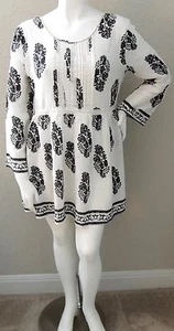 Velzera Boho Bohemian Leaf Print & Lace Tunic Dress White Black Plus 1XL 3XL New - Picture 1 of 4
