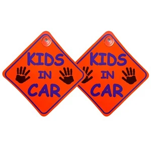 Kids on Board Car Sign Twin Pack 14x14cm Orange Vinyl with Window Suckers - Picture 1 of 6