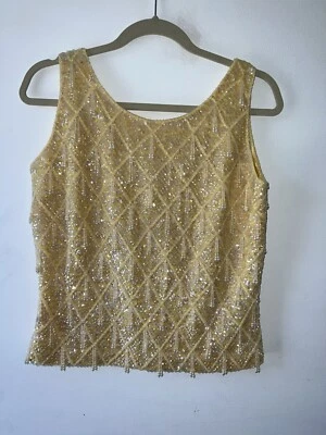Top vintage años 60 con cuentas oro amarillo lana fiesta ocasión especial talla M Foto 1 de 4