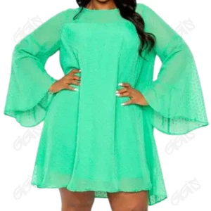 Kelly Green Dress Women Plus Choose 1x, 2x, 3x Bell Sleeve Sheer Polka Dot - Picture 1 of 14