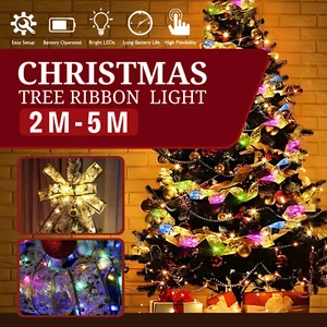 LED Christmas Decoration Tree Ribbon Bow Xmas Hanging Light Up Topper Top Lights - Picture 1 of 15