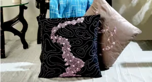 Handmade Fawn and Black Velvet Thread and Beaded Cushion Cover 2 Pcs Set - Picture 1 of 4