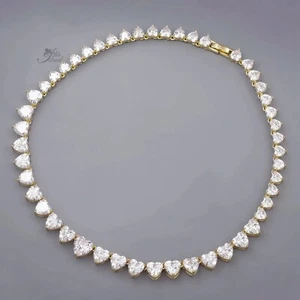 Heart-Cut Cubic Zirconia Tennis Necklace Sparkling Elegant Choker Gold Plated 20 - Picture 1 of 6