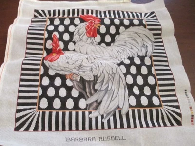 HANDPAINTED NEEDLEPOINT CANVAS OF 2 ROOSTERS - WITH SOME ISSUES - Image 1 of 3