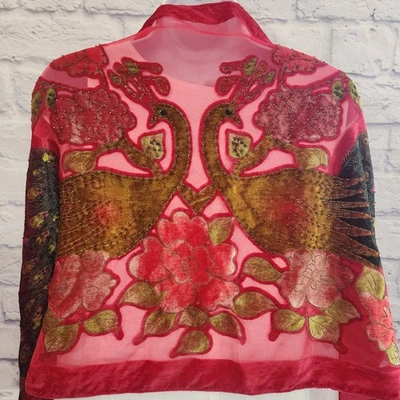 Velvet Burnout Scarf Shawl Wrap Red Sheer Beaded Fairy Peacock Y2K Boho Hippie - Image 1 of 4