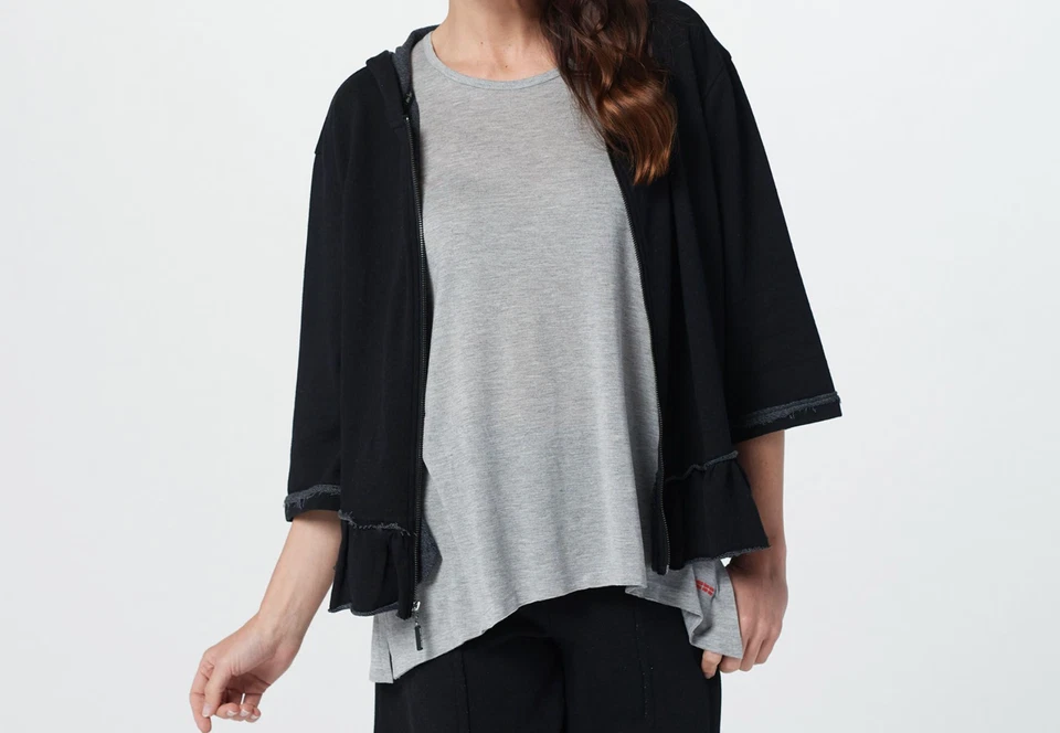 Peace Love World French Terry Ruffle Zip Front Hoodie Solid Black Large Size - Image 1 of 1