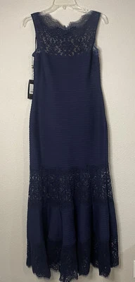 Tadashi Shoji Embroidered Illusion Lace Pintuck Jersey Navy Dress Gown Petite M - Image 1 of 4