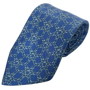 HERMES 100 % Seide Krawatte 56”x3,5” blau gold lockiges Band auf blau 7726 geometrisch gebraucht, in einwandfreiem Zustand - Bild 1 von 5