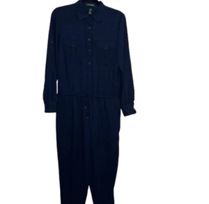 Lauren Ralph Lauren Navy Button Roll Tab Long Sleeve Jumpsuit Sz 6 - Picture 1 of 7