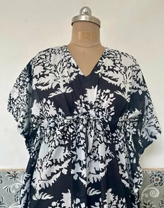 Indian Black Palm Tree Kaftan Summer Bikini Cover Up Maxi Beach Kimonos Dress US - Picture 1 of 5