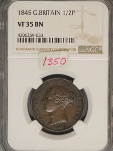 Great Britain 1845 1/2 Penny K-726 NGC VF35 BN KEY DATE - Picture 1 of 2