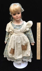 Geppedo Porcelain Doll Working Girl Cinderella Country Dress Apron 17" w/ Stand - Picture 1 of 5
