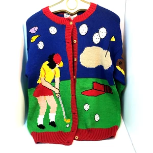 Cotton Salsa Sweaters Golf Theme RARE Novelty Hand Made In Peru Vintage Colorful - Picture 1 of 21