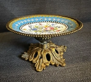 Beautiful French Hand Painted Enameled Small Decorative Dish w/Bronze pedestal - Picture 1 of 8