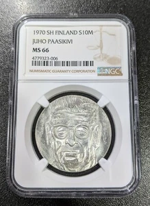 1970 SH MS66 Finland Silver 10 Markkaa NGC UN KM 51 Paasikivi Birth  - Picture 1 of 2