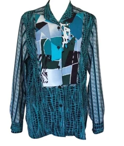 Koos of Course Top Womens Size S Wearable Art Button Up Blouse Teal Black Gray L - Picture 1 of 13