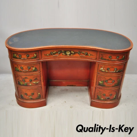 Chinoiserie Georgian Oriental Green Leather Top Red Lacquer Kidney Shape Desk Cover