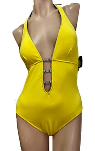 NWT SoLo One-Piece Swimsuit 10 Yellow Deep Low V-Neck Halter Top w Gem Accents - Picture 1 of 12