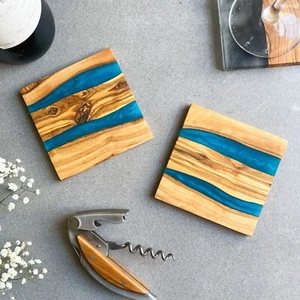 Set of 4 Natural Olive Wood Drinks Coasters With Duel Blue River Resin - Picture 1 of 4