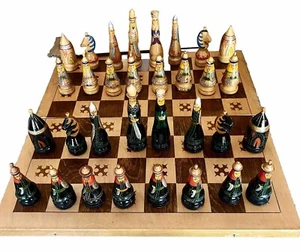 VTG Rare Soviet Russian Chess Set Wood Folk Art Hand-painted 17.5"x17.5" *READ* - Picture 1 of 23