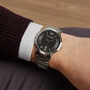EMPORIO ARMANI MENS WATCH STAINLESS STEEL SILVER BRACELET AND BLACK DIAL AR2457 - Picture 1 of 5