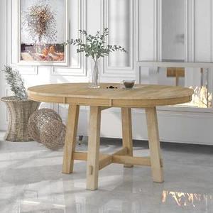 TREXM Farmhouse Extendable Round Dining Table with 16" Leaf (Natural Wood) - Picture 1 of 12
