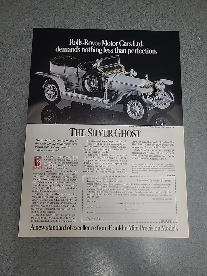 劳斯莱斯压铸模型银色幽灵印刷广告 1988 8x11 伟大的框架  — 第 1/1 张图片