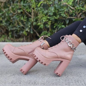 Women's Nude Platform Heel Boots Chunky Ankle Lace Up (size 7) - Picture 1 of 6