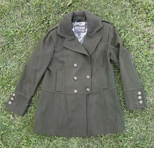 Guess Olive Green Wool Blend Double Breasted Pea Coat Womens XL *Button Missing* - Picture 1 of 10