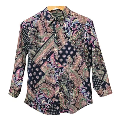 Lauren Ralph Lauren Patchwork Paisley Womens Top Button Up Size Large Artsy Boho - Image 1 of 4