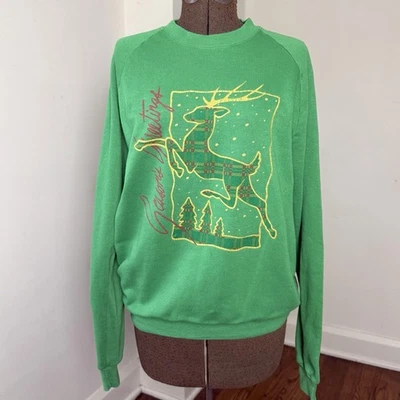 Sudadera Navidad Jerzees Vintage Años 80 90 XL Verde Tartán Reno Hecha en EE. UU. Foto 1 de 4