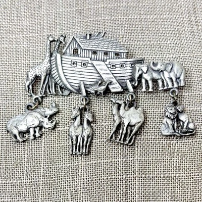 JJ Jonette Vintage Pewter Noah's Ark Dangling Animal Charms Brooch Lapel Pin 3" - Image 1 of 4