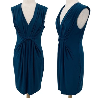 Komarov Pleated Sheath Dress V Neck Cinched Waist Jersey Knit Teal Blue Large - Image 1 of 4