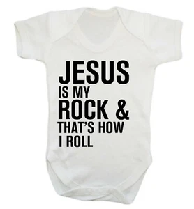 Jesus is my rock, baby vest religious church bible quote God Christian funny 463