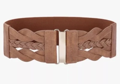 Grace Karin - Cinturón elástico ancho trenzado. Marrón. Herrajes dorados, medianos Foto 1 de 4