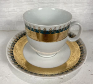 Juego de tazas de té y platillos de porcelana de colección H&C Checoslovaquia oro blanco verde - Imagen 1 de 10