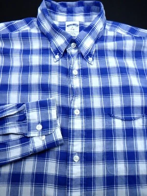 BROOKS BROTHERS BUTTON DRESS SHIRT -M- BLUE WHITE CHECK -SLIM PINPOINT OXFORD - Image 1 of 4