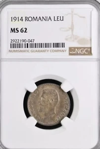 1914 1 Leu Silver Carol I . Romania NGC MS 62 - Picture 1 of 2