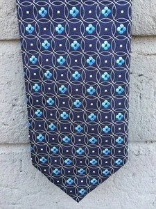 XMI Platinum Silk Tie Blue Floral Geometric Pattern L60" W3-5/8" - Picture 1 of 8
