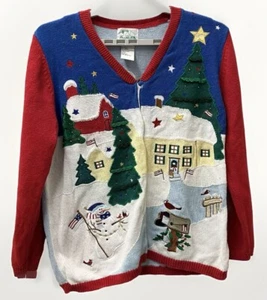 Quacker Factory Christmas Village Sweater Cardigan Large - Patriotic - Detailed - Picture 1 of 13